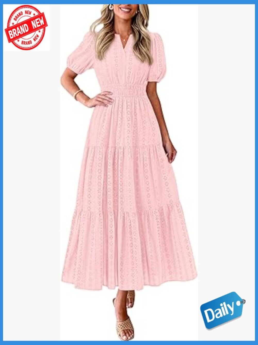 Cotton Eyelet Maxi Dress with Puff Sleeves and Smocked Waist